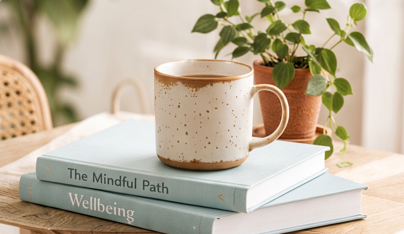 Speckled mug resting on books titled The Mindful Path and Wellbeing
