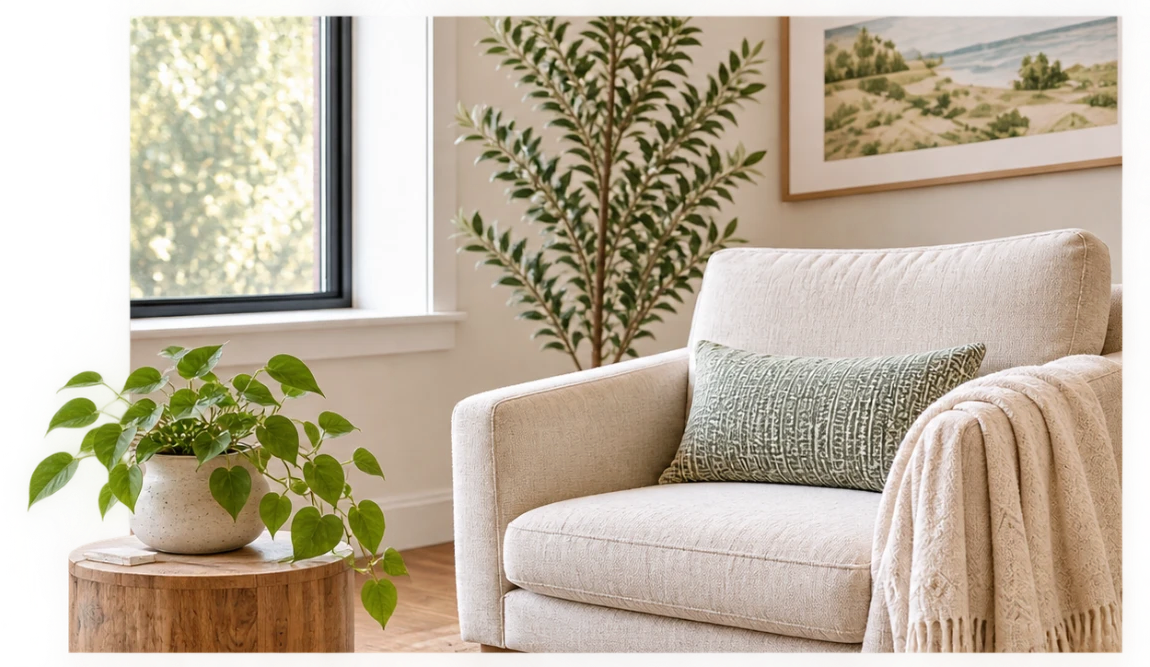 Calm therapy room with an armchair, window light, and plants