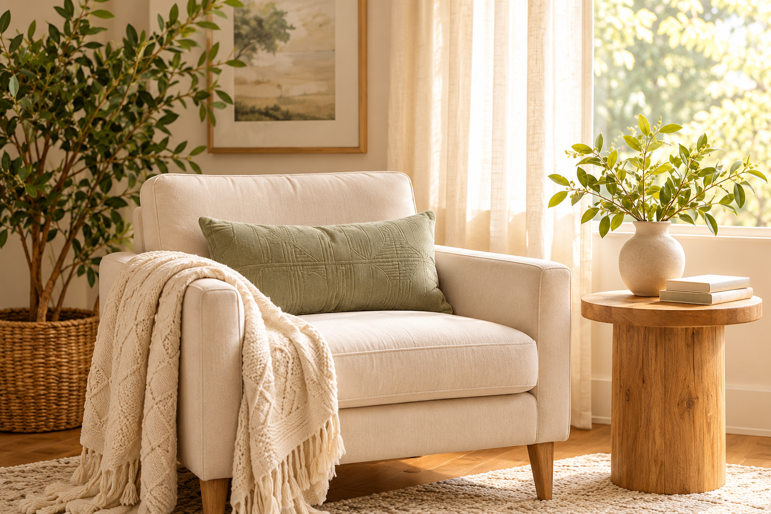 Calm therapy room with a cream armchair, soft window light, and plants
