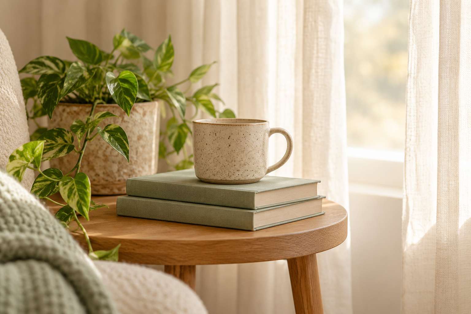 Speckled mug resting on a stack of books beside a leafy plant
